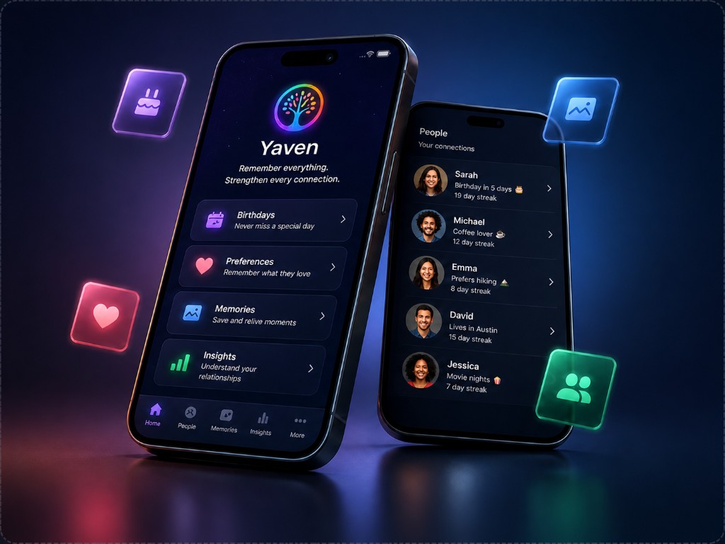 Yaven app — phone mockups showing the home dashboard and people list